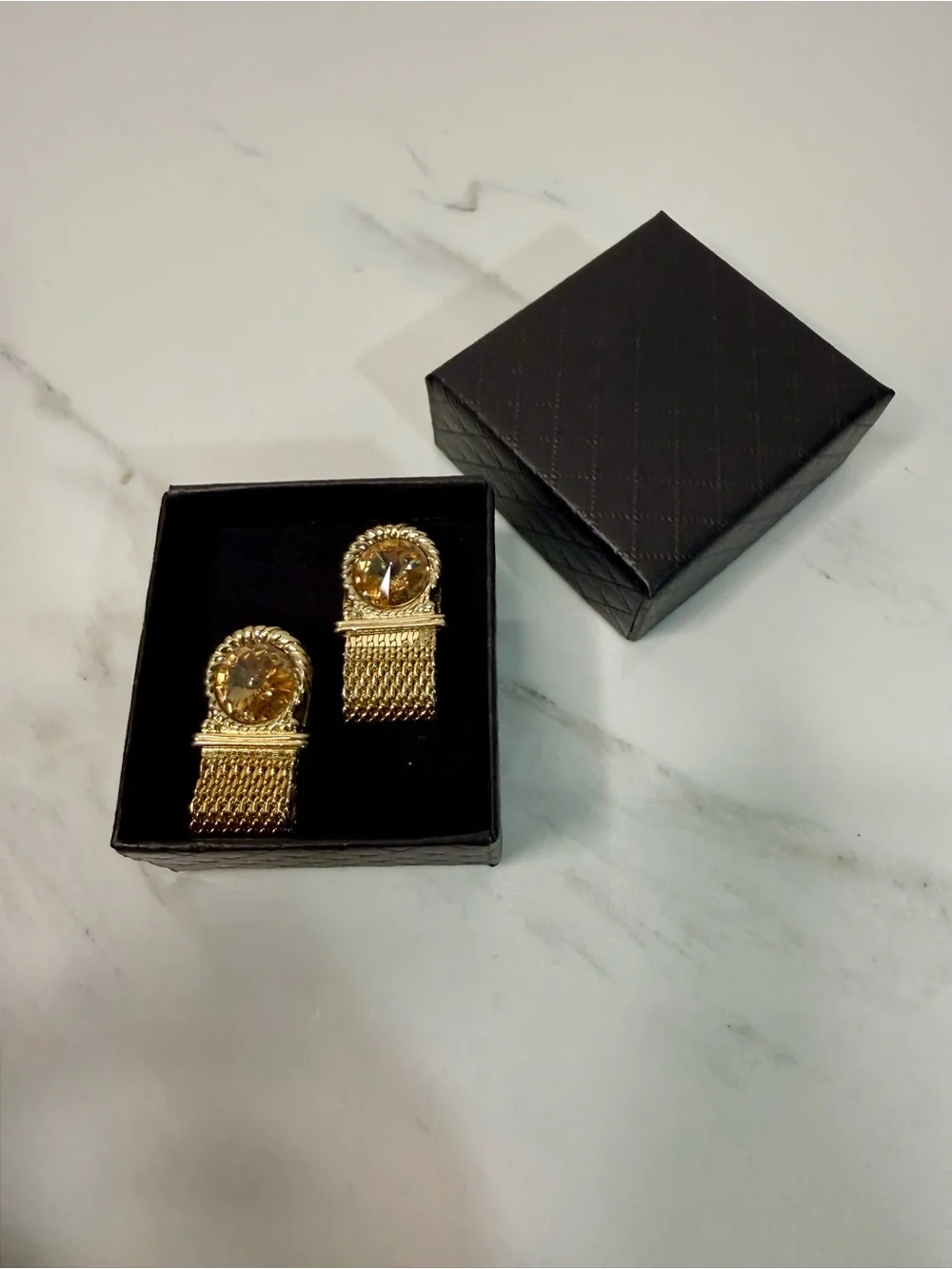 Gold Tone Mesh Cufflinks with Faceted Crystal Accent